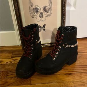 Black Lace-Up Ankle Boots with Red Accents